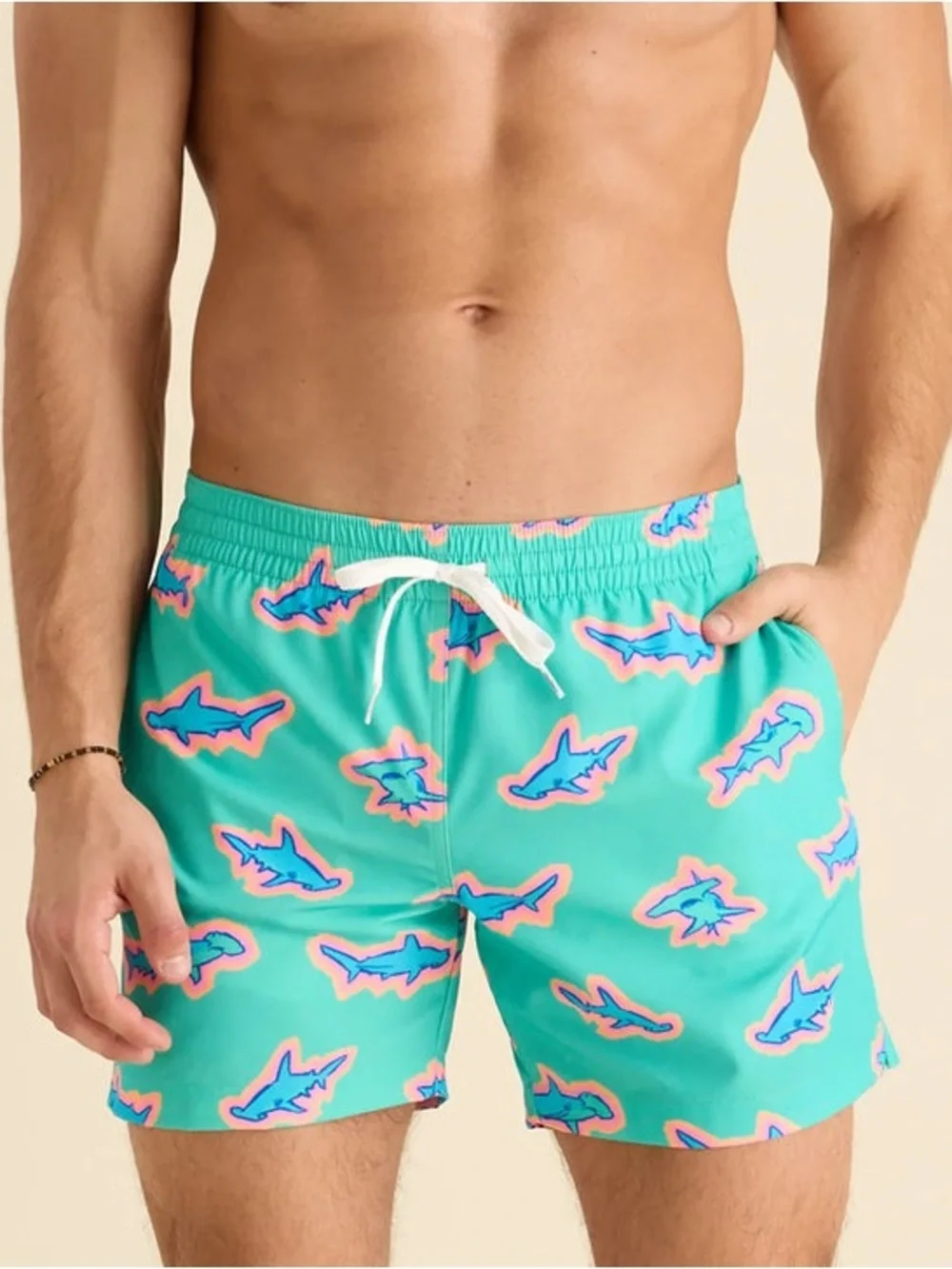 Chubbies Men L Teal Shark Print Swim Trunks Quick Dry Lightweight Quirky Shorts